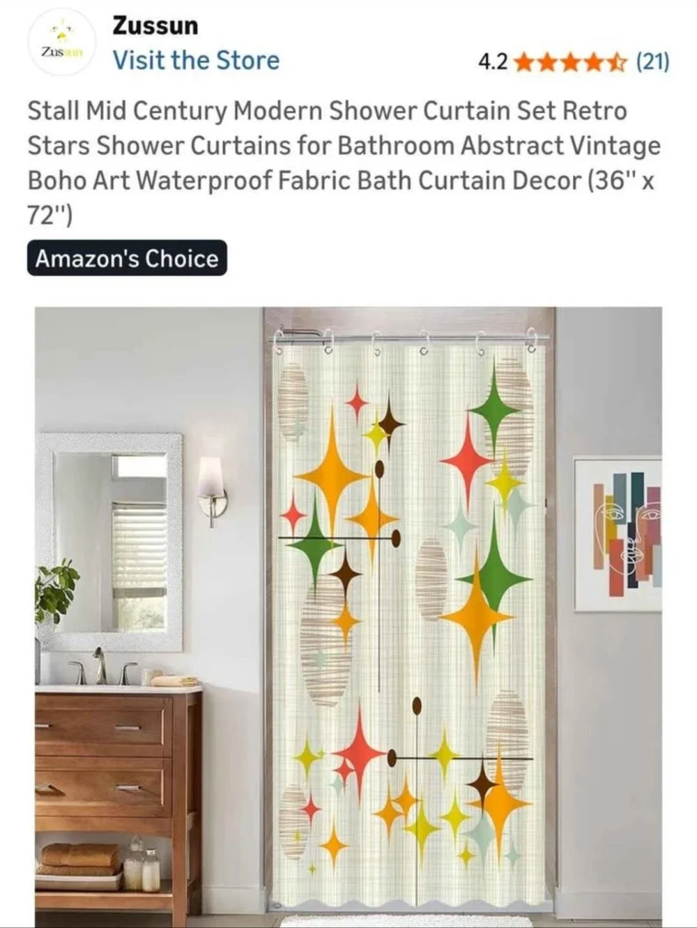 Retro Star Shower Curtain - Green, Orange, Yellow, Red